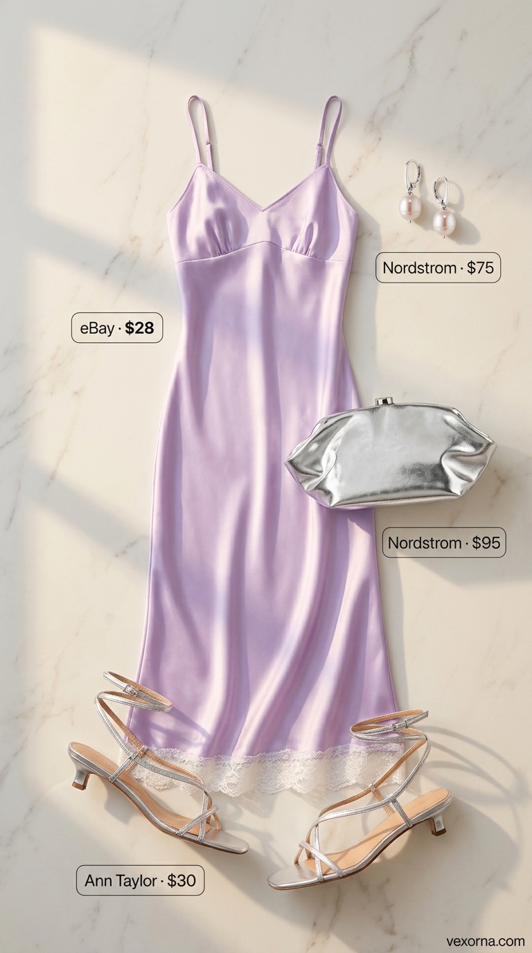 Coquette Lavender Slip Dress 2026 Trendy coquette summer outfits for women 2026: Lavender satin slip dress with silver heels & pearl earrings for evening.