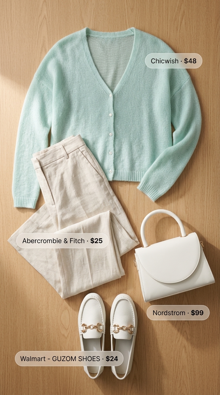 Coquette Mint Cardigan Outfit 2026 Trendy coquette summer outfits for women 2026: Mint cardigan, wide-leg trousers, loafers for casual outing.