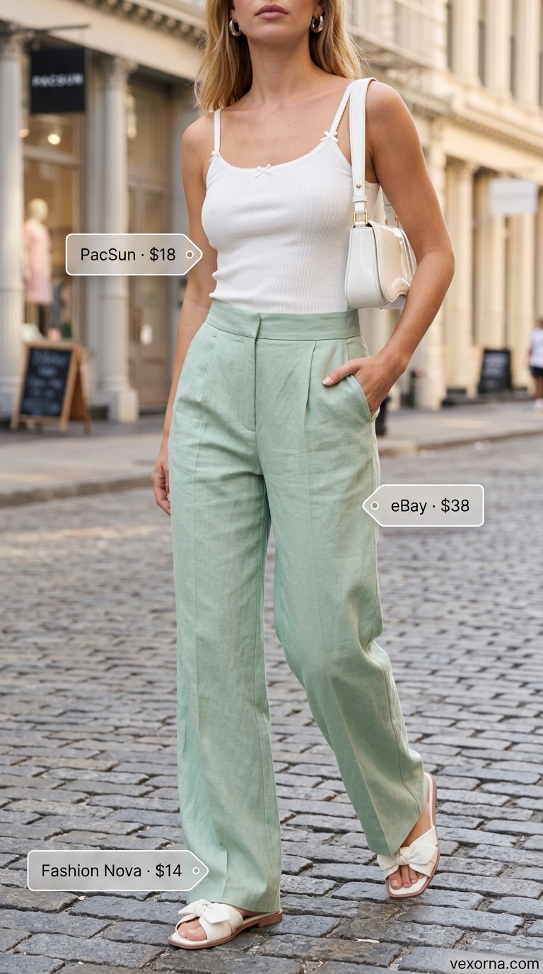 Coquette City Chic Trousers 2026 Mint green wide-leg trousers for trendy coquette summer outfits for women 2026. Modern city chic look.