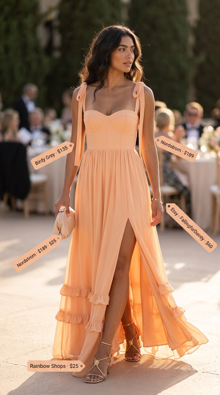 Coquette Summer Gala Dress 2026 Trendy coquette summer outfits for women 2026: Peach chiffon maxi dress with gold heels & pearl bracelet for evening gala.