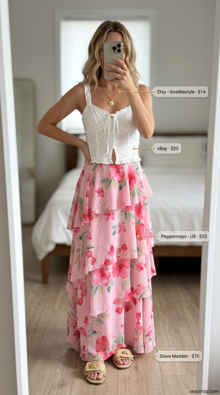 Coquette Coastal Brunch Skirt 2026 Peach tiered maxi skirt for trendy coquette summer outfits for women 2026. Bohemian coastal brunch style.