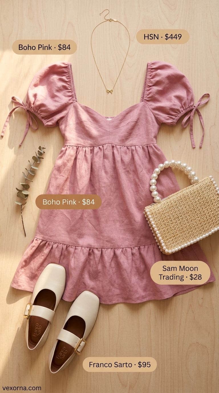 Coquette Garden Party Dress 2026 Trendy coquette summer outfits for women 2026: Pink babydoll dress with mary janes & straw bag for garden party.