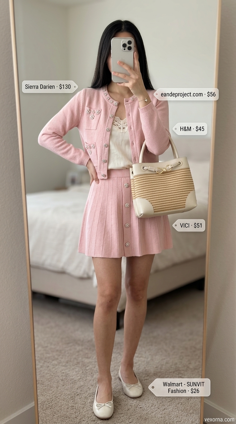 Coquette Knit Set Farmers Market 2026 Blush pink knit set for trendy coquette summer outfits for women 2026. Sweet farmers market style.