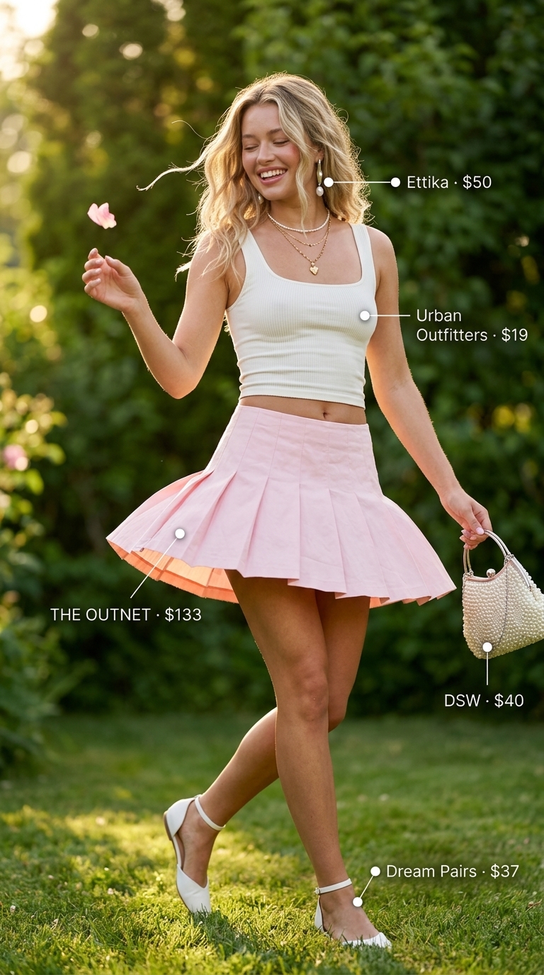 Coquette Garden Party Skirt 2026 Baby pink pleated mini skirt for trendy coquette summer outfits for women 2026. Whimsical garden party style.