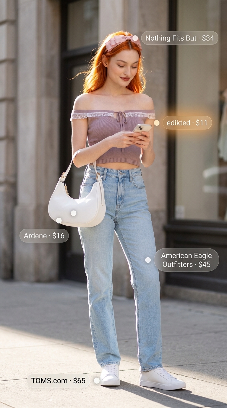 Coquette Romantic Knit Top 2026 Light pink off-shoulder top for trendy coquette summer outfits for women 2026. Casual romantic day out look.