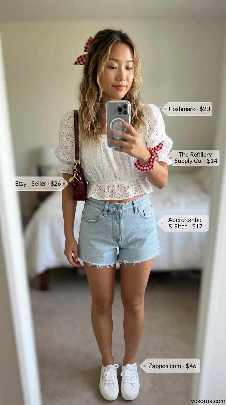 Coquette Eyelet Top Casual Day 2026 White eyelet crop top for trendy coquette summer outfits for women 2026. Girly casual day out look.