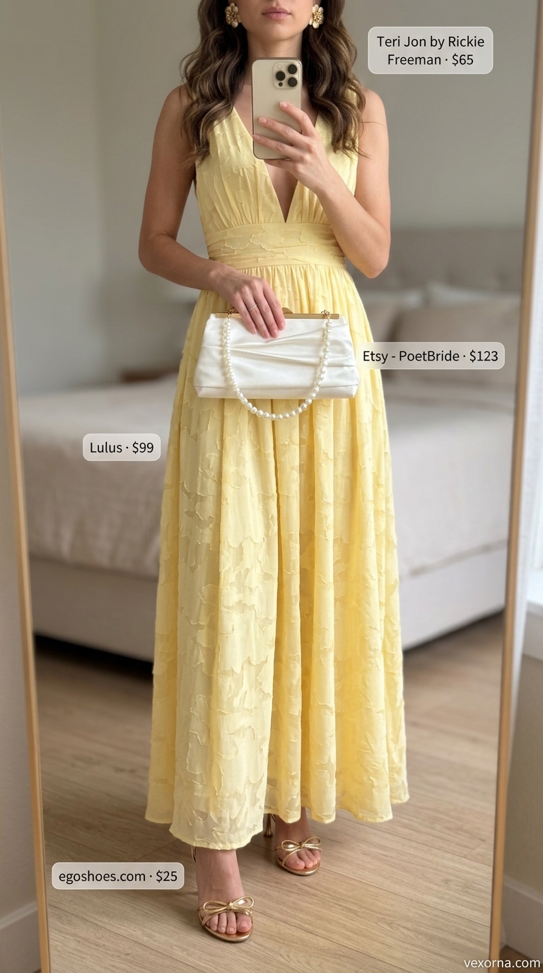 Coquette Summer Soiree Dress 2026 Soft yellow floral maxi dress for trendy coquette summer outfits for women 2026. Perfect for garden parties.