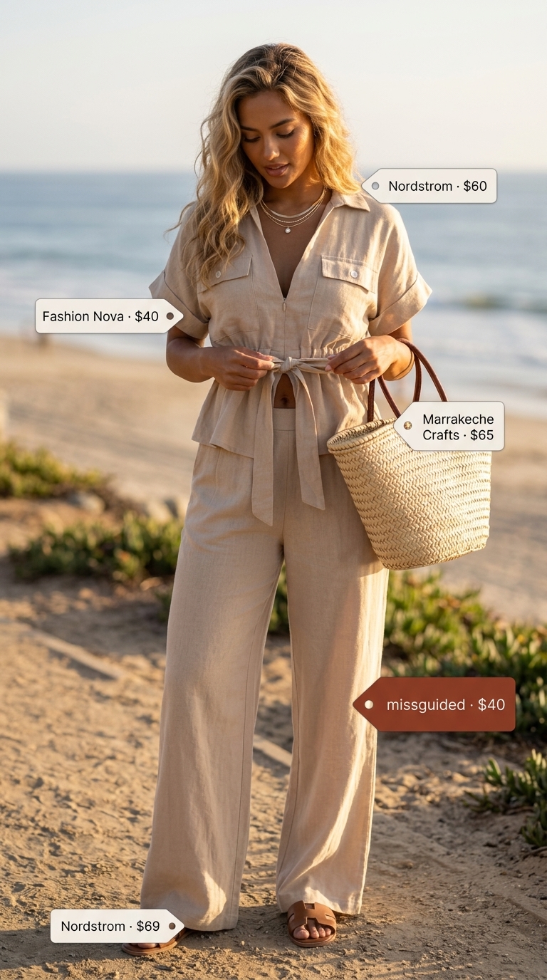 Trendy modest summer outfits for women 2026: Sandy beige linen matching set with white sandals and straw tote for coastal vibes.