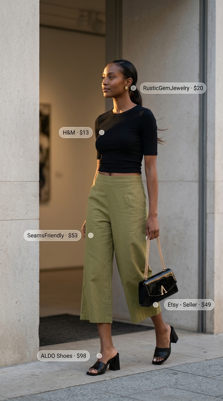 Trendy modest summer outfits for women 2026: Olive green culottes for art gallery.