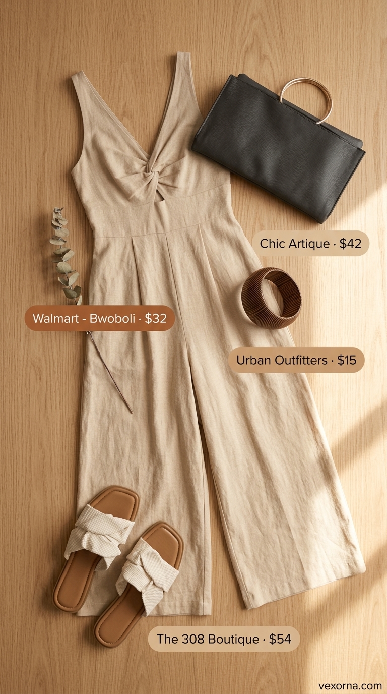 Trendy modest summer outfits for women 2026: Terracotta linen jumpsuit for beach brunch.