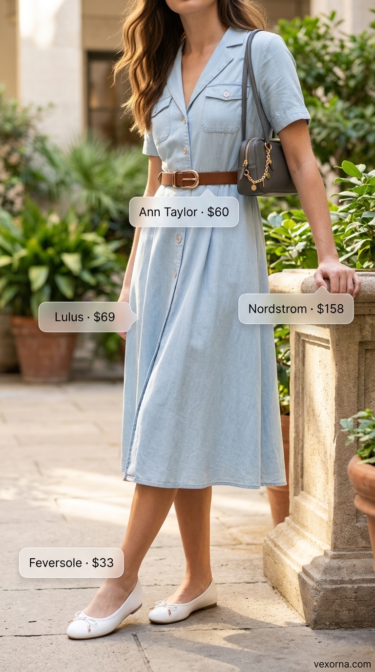 Trendy modest summer outfits for women 2026: Sky blue shirt dress for city stroll.