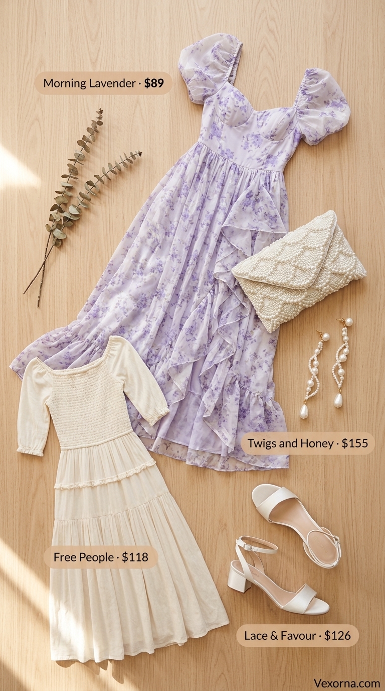 Trendy modest summer outfits for women 2026: Lavender floral maxi dress for a wedding guest.