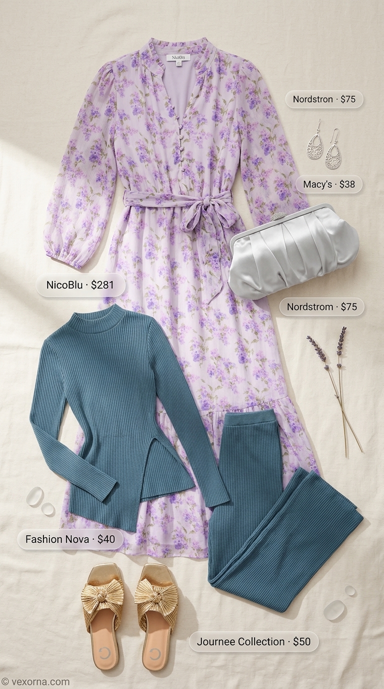 Trendy modest summer outfits for women 2026: Flowy lavender maxi dress, straw hat, gold sandals for garden party.