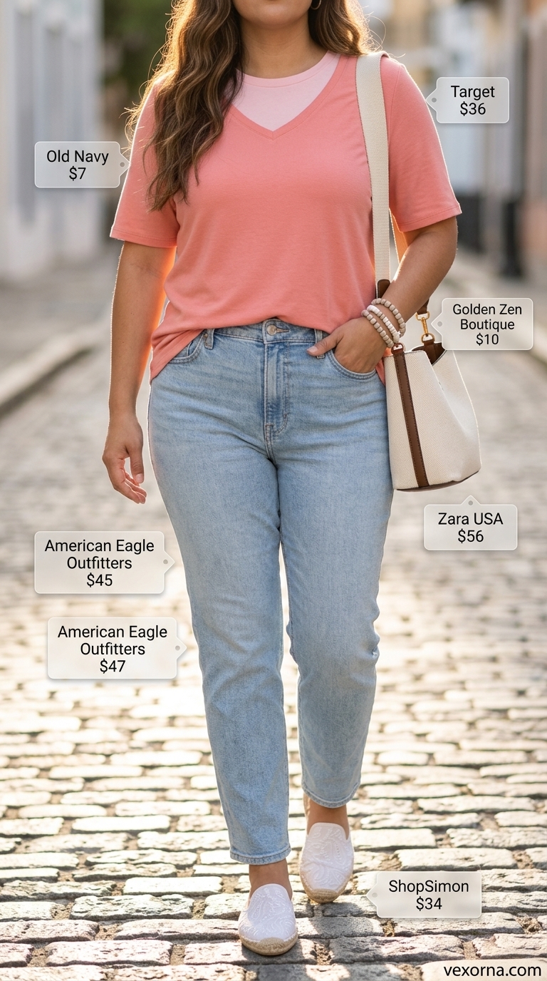 Trendy modest summer outfits for women 2026: Coral tunic top, light wash jeans, canvas mules for weekend casual.