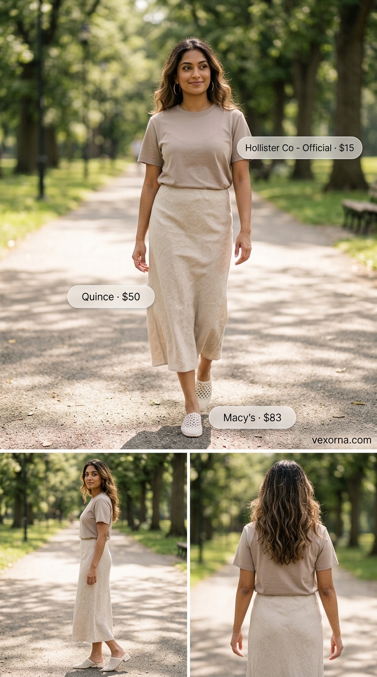 Trendy modest summer outfits for women 2026: Beige linen skirt set, white shoulder bag, gold earrings for luncheon.