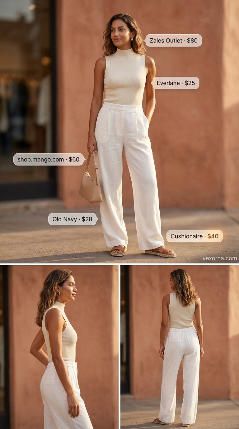 Trendy modest summer outfits for women 2026: Cream linen trousers, beige knit top, straw tote for resort wear.
