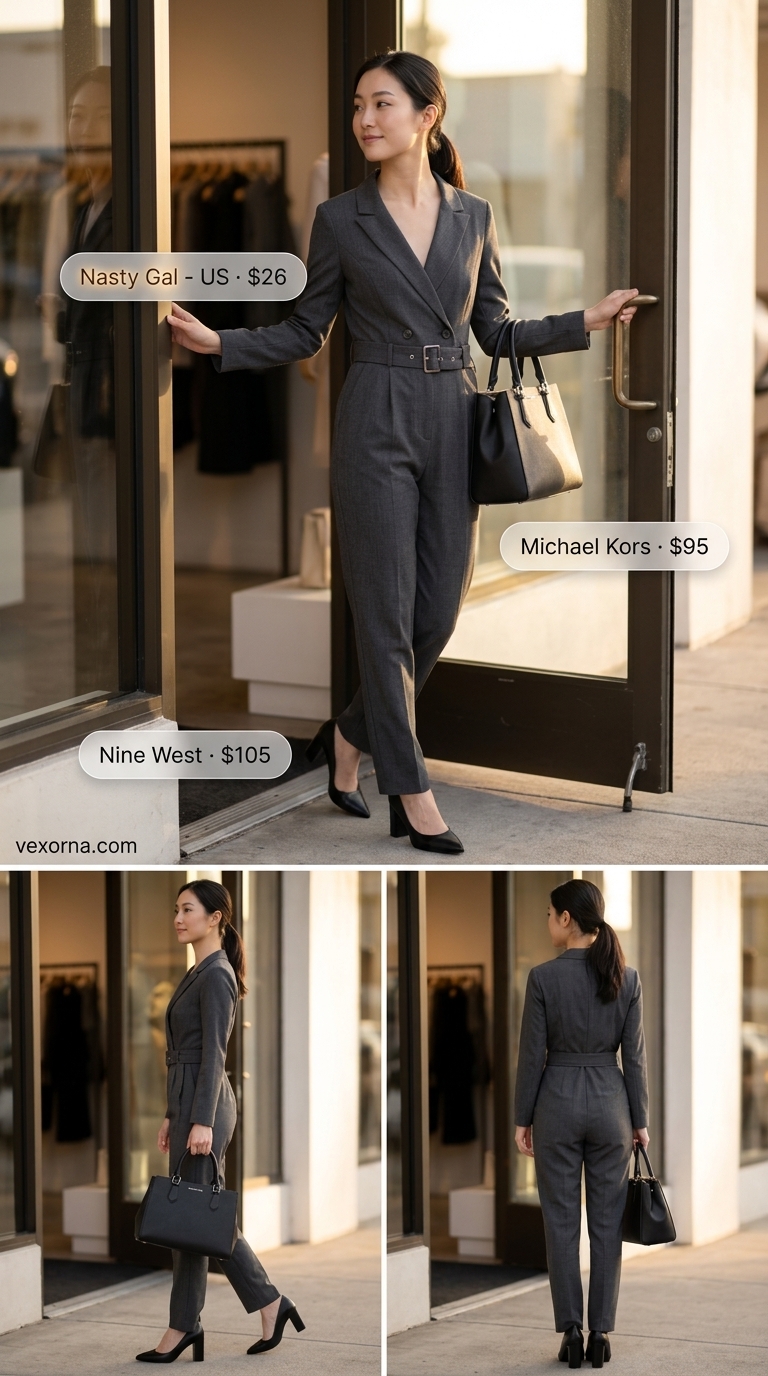 Trendy modest summer outfits for women 2026: Charcoal gray jumpsuit for office elegance.