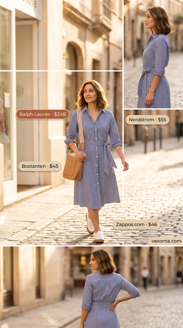 Trendy modest summer outfits for women 2026: Navy stripe shirtdress, tan crossbody bag, white sneakers for casual lunch.