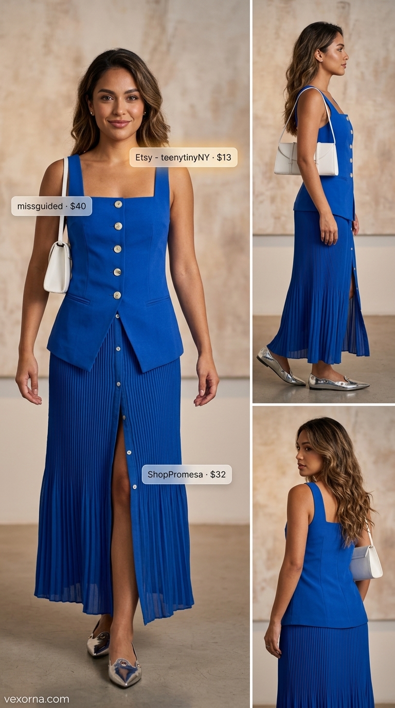 Trendy modest summer outfits for women 2026: Cobalt blue midi skirt, white blouse, silver mules for city style.