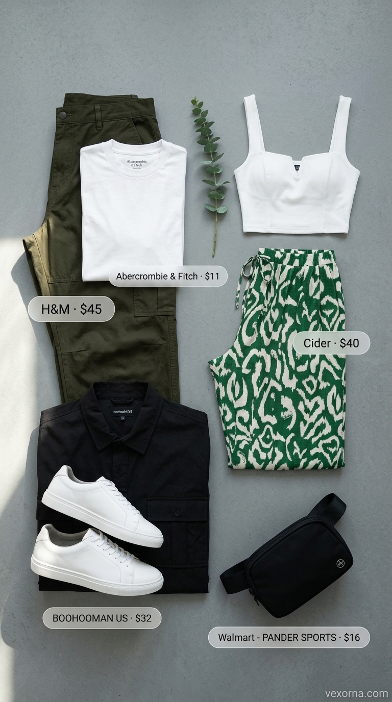 Trendy modest summer outfits for women 2026: Khaki cargo pants, white tee, utility shirt for urban explorer.