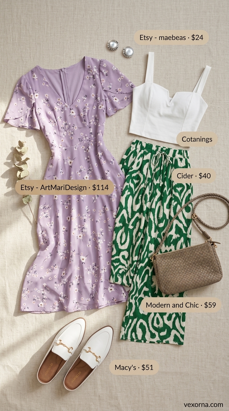 Trendy modest summer outfits for women 2026: Lavender floral midi dress, white mules, straw bag for garden party.