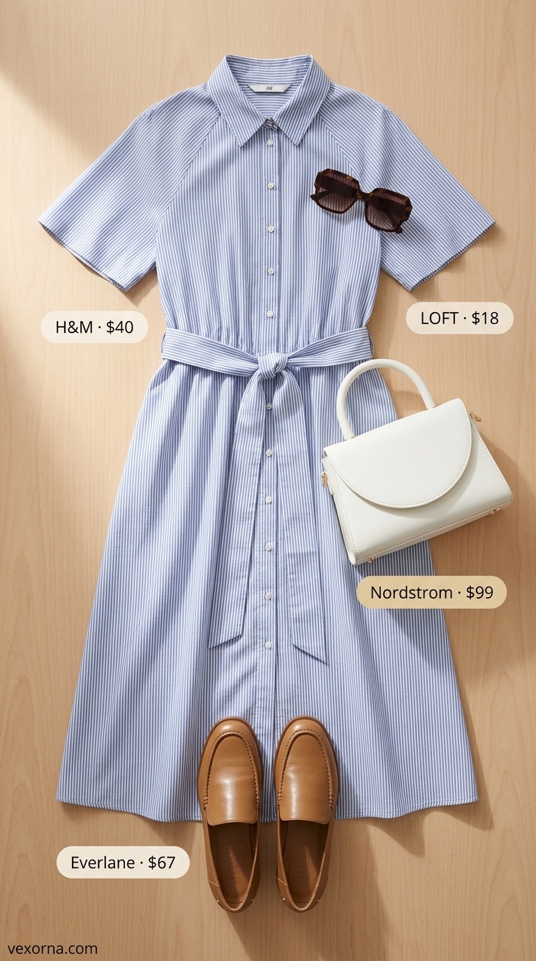 Trendy modest summer outfits for women 2026: Light blue shirt dress, tan loafers, structured tote for lunch.