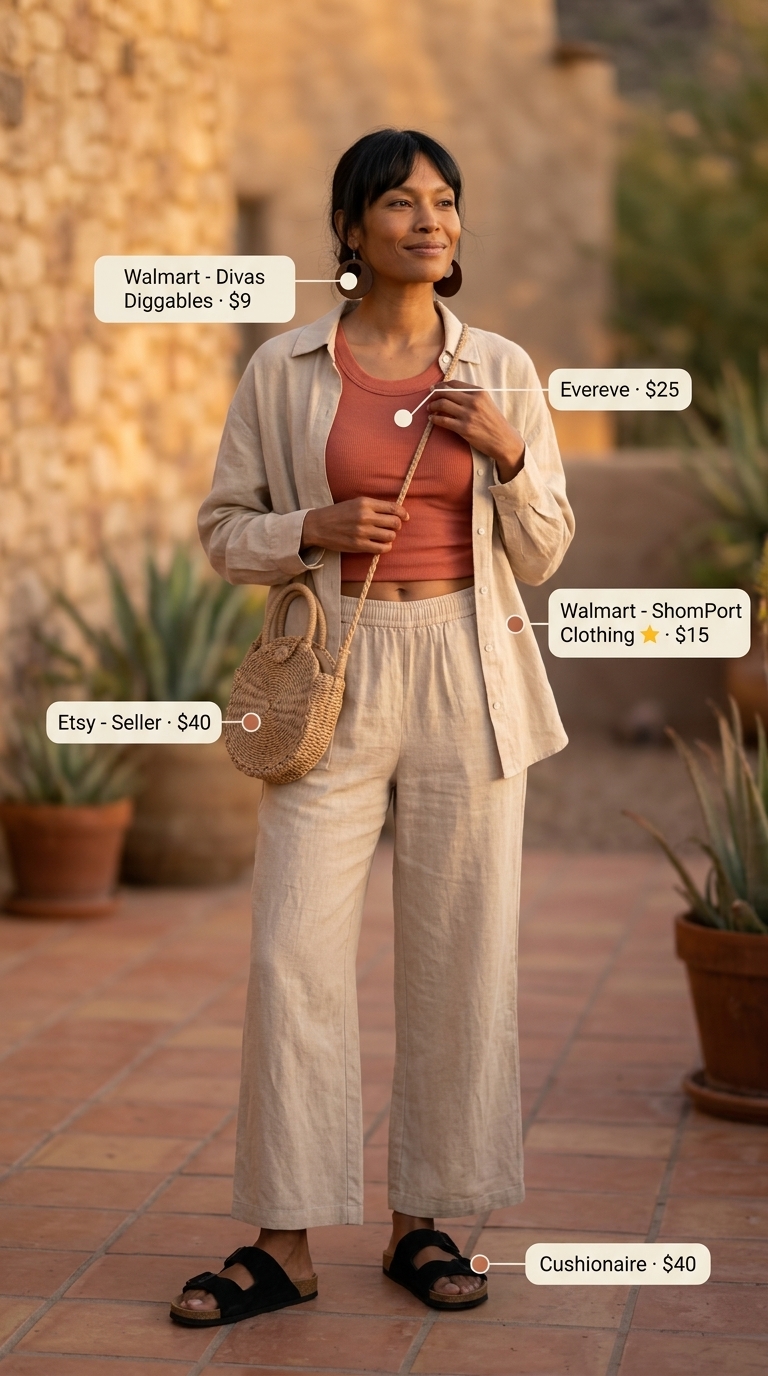 Trendy modest summer outfits for women 2026: Sand linen set, burnt orange tank, black slides for desert evening.