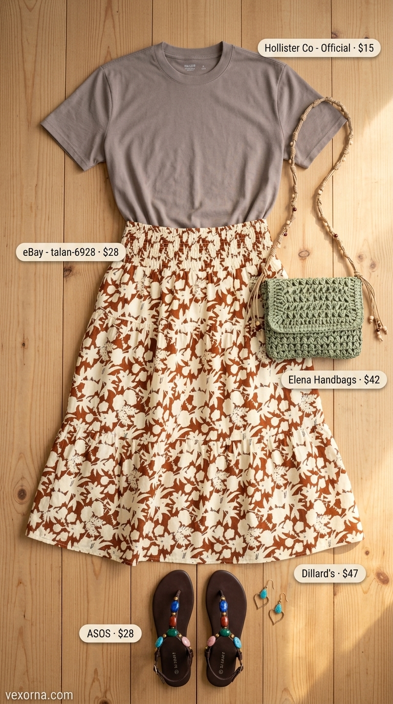 Trendy modest summer outfits for women 2026: Terracotta skirt, cream blouse, fringe bag for bohemian style.