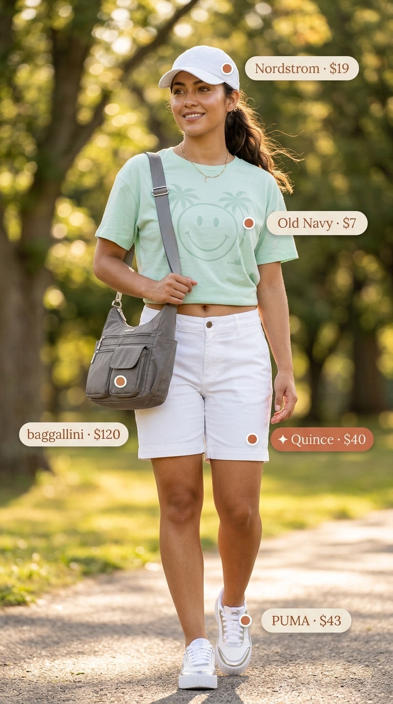 Trendy modest summer outfits for women 2026: White Bermuda shorts, mint graphic tee, platform sneakers for park day.