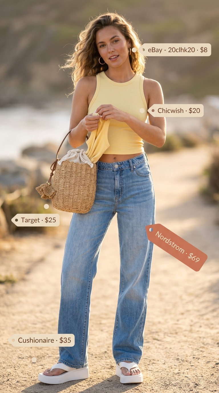 Trendy oversized summer outfit 2026: Light wash baggy jeans, yellow tank, and straw bucket bag for retro beach day.