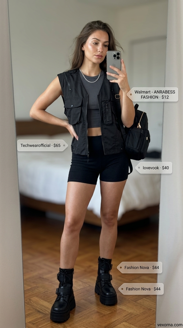 Trendy oversized summer outfit 2026: Black cargo pants, utility vest, and crop top for urban street style.