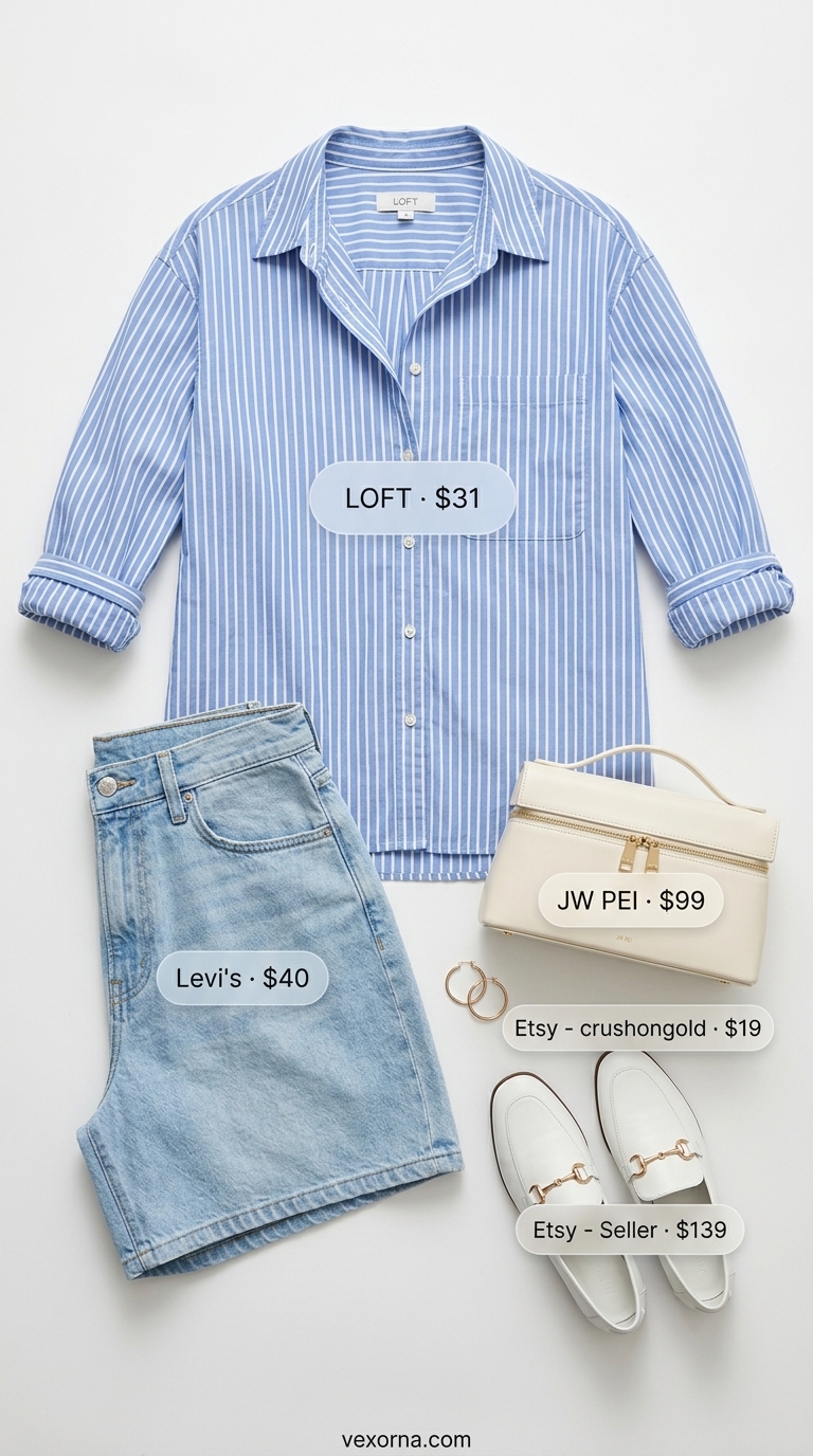 Trendy oversized summer outfit 2026: Sky blue button-down, white tank, denim shorts, loafers for brunch or casual office.