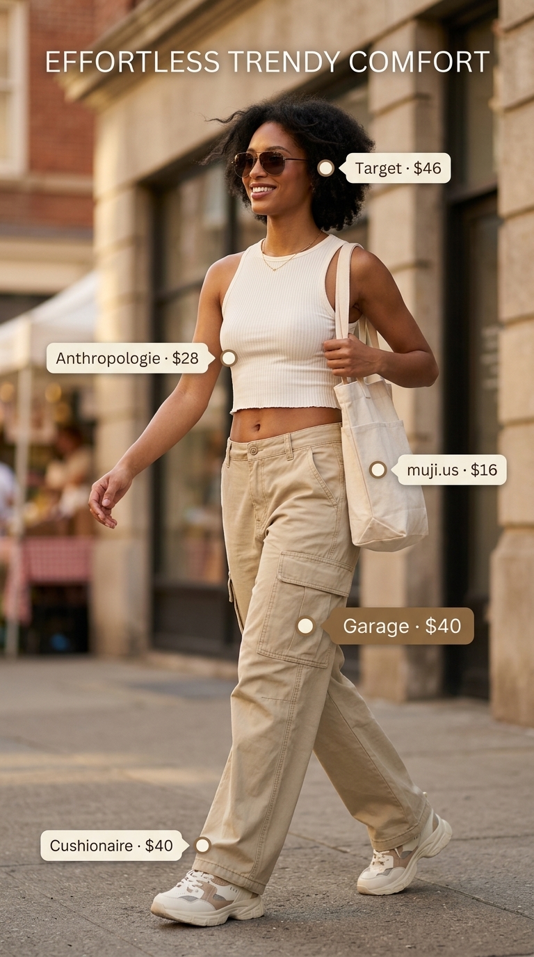 Trendy oversized summer outfit 2026: Beige cargo pants, cream crop top, and chunky sneakers for errands.