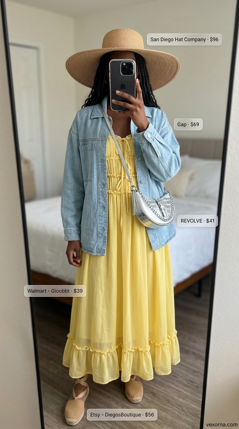 Trendy oversized summer outfit 2026: Coral maxi dress, oversized denim jacket, and straw hat for resort vacation.