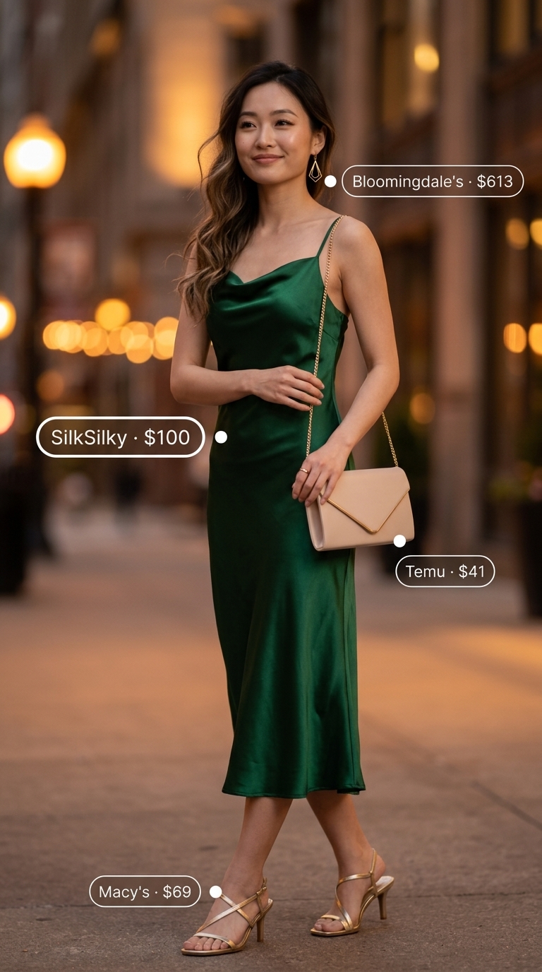 Trendy oversized summer outfit 2026: Emerald green slip dress, gold earrings, and nude clutch for a date night.