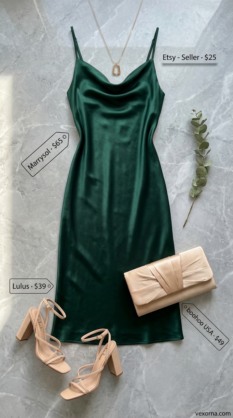 Trendy oversized summer outfit 2026: Emerald green satin slip dress, nude sandals, and gold necklace for date night.