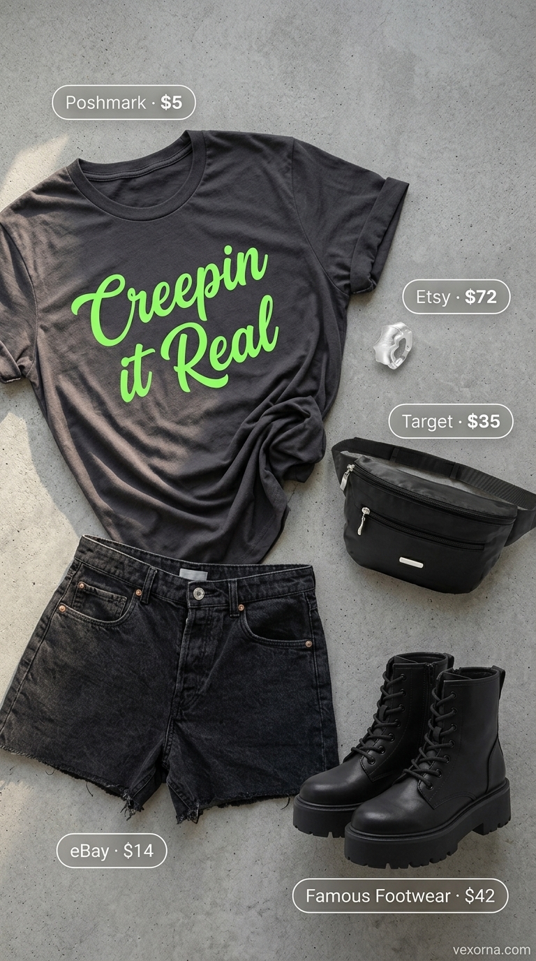 Trendy oversized summer outfit 2026: Band tee, denim shorts, combat boots, belt bag for festival edge.