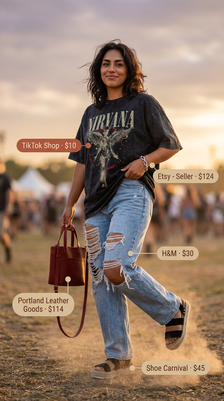 Trendy oversized summer outfit 2026: Graphic tee, baggy jeans, crochet top, platform sandals for festival vibes.