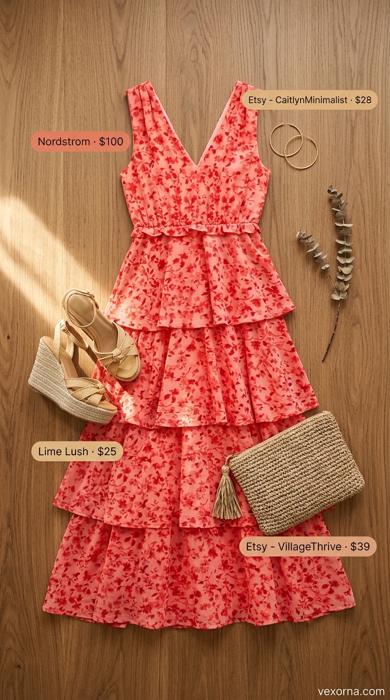 Trendy oversized summer outfit 2026: Coral floral maxi dress, wedge espadrilles, and straw clutch for resort dinner.