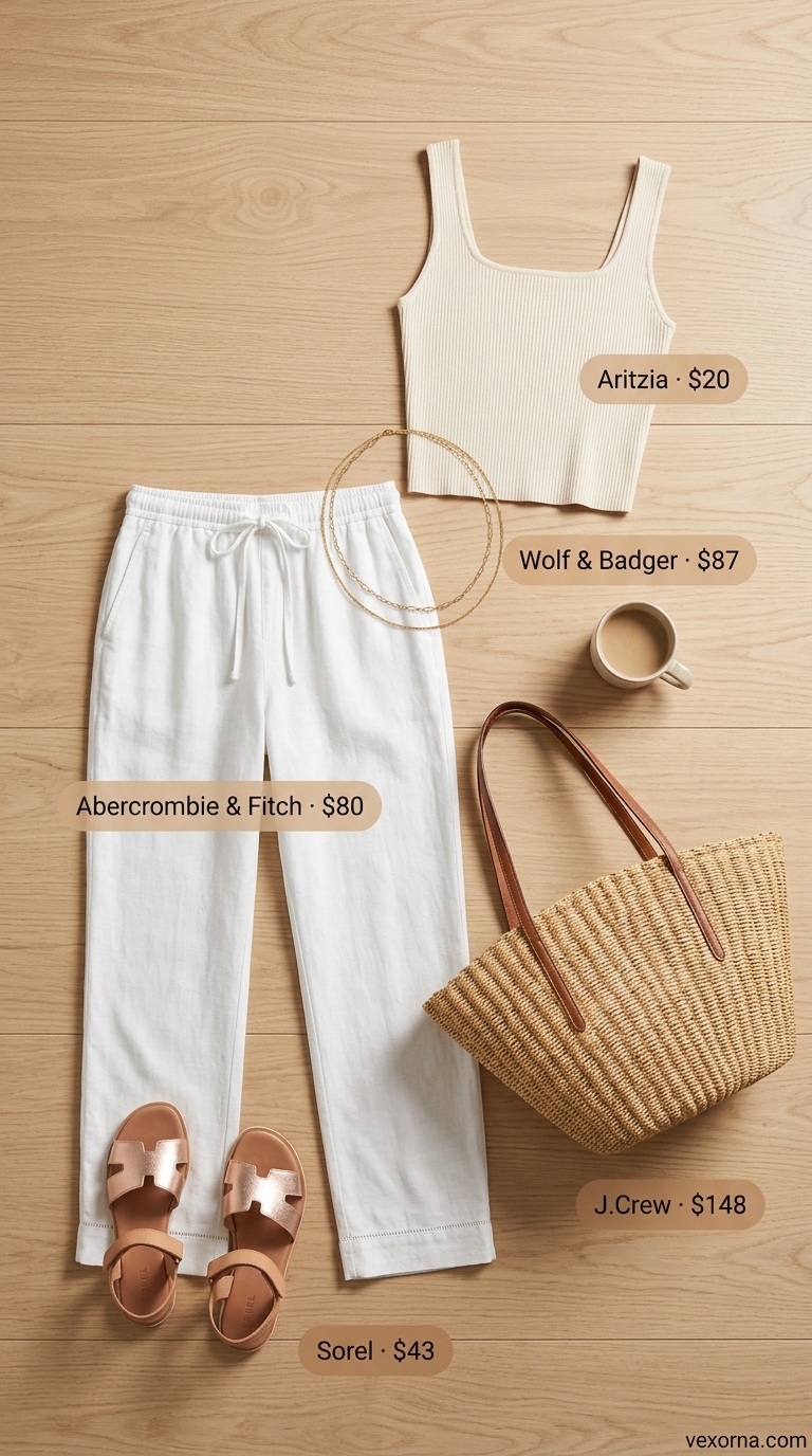 Trendy oversized summer outfit 2026: Ivory linen pants, ribbed tank, and straw tote for casual brunch.