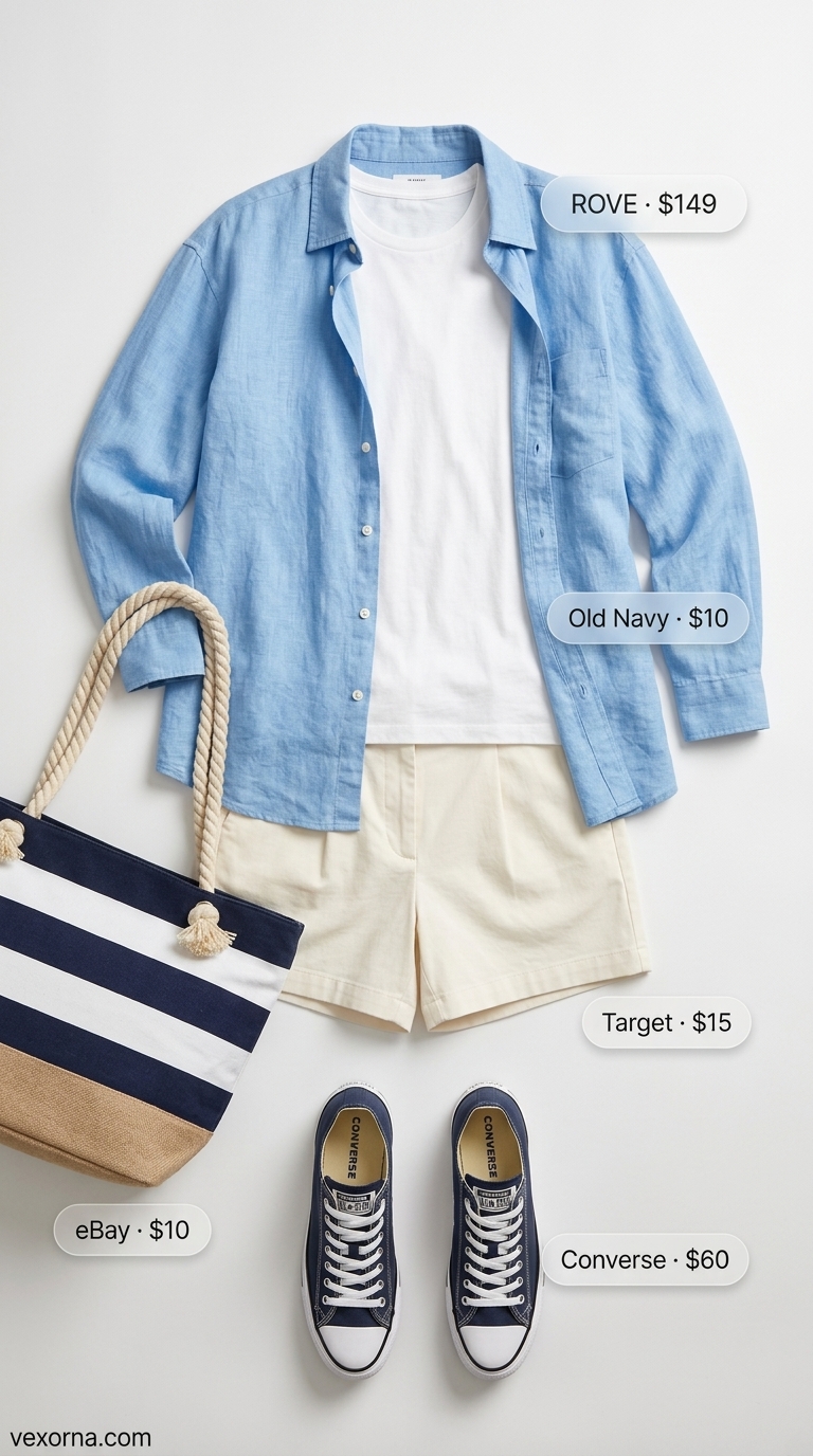 Trendy oversized summer outfit 2026: Sky blue linen shirt, white tee, chino shorts, canvas sneakers for lakeside leisure.