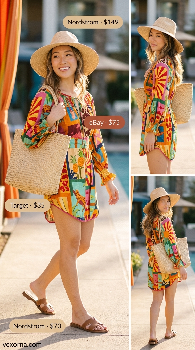 Trendy oversized summer outfit 2026: Tropical print shirt dress, straw tote, and leather slides for beach vacation.