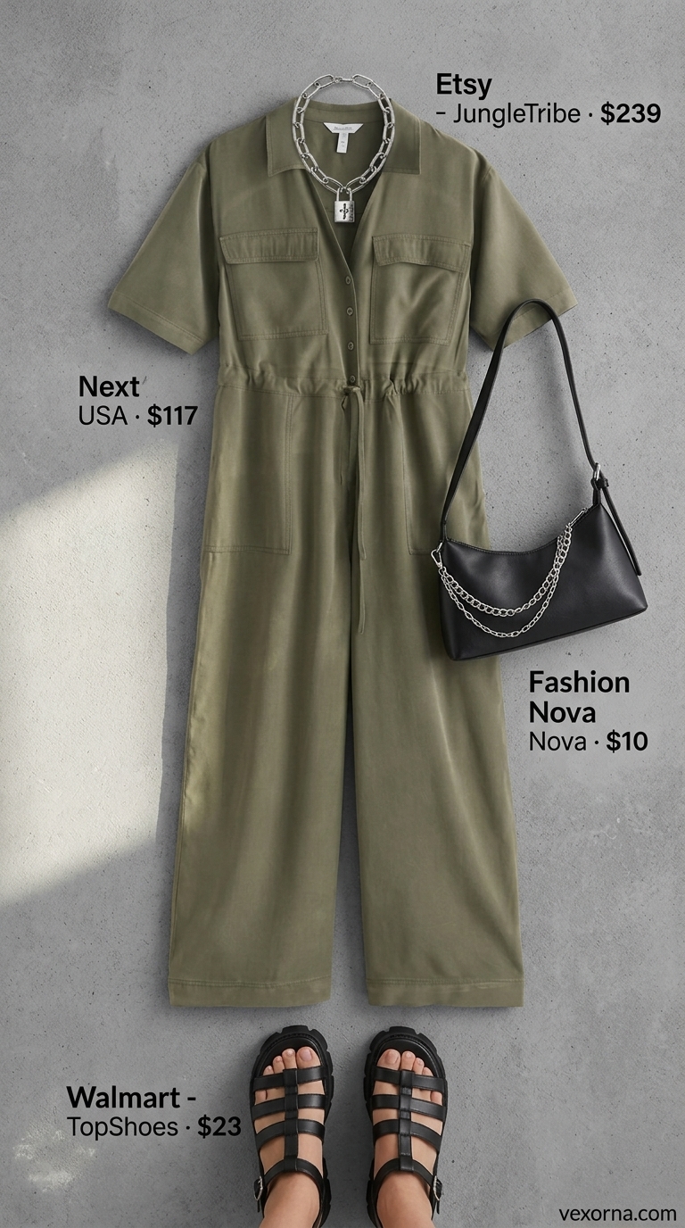 Trendy oversized summer outfit 2026: Khaki utility jumpsuit, chunky sandals, crossbody bag for urban safari.