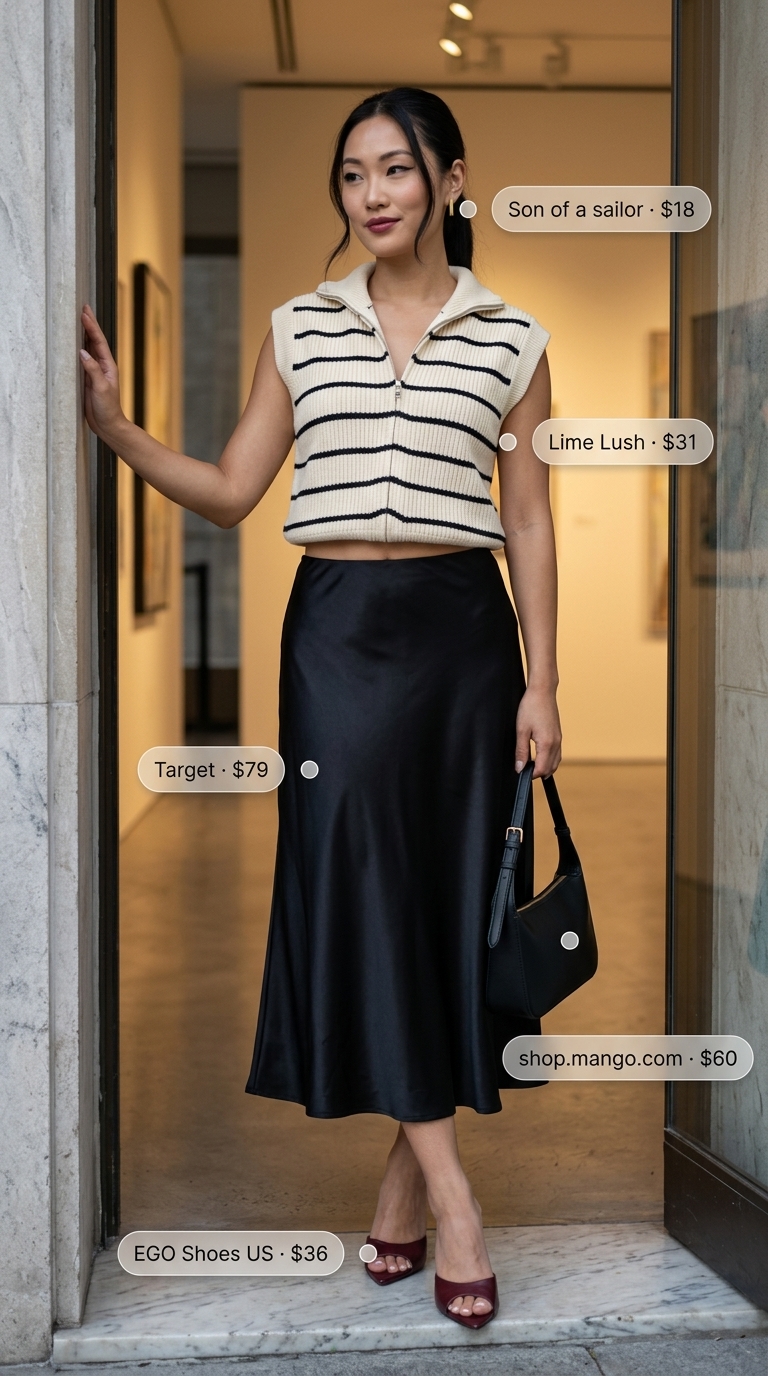 Art Gallery Opening: Trendy Summer Crop Top Outfits 2026 Black & cream striped crop sweater vest with a black satin midi skirt for chic summer outfits 2026.