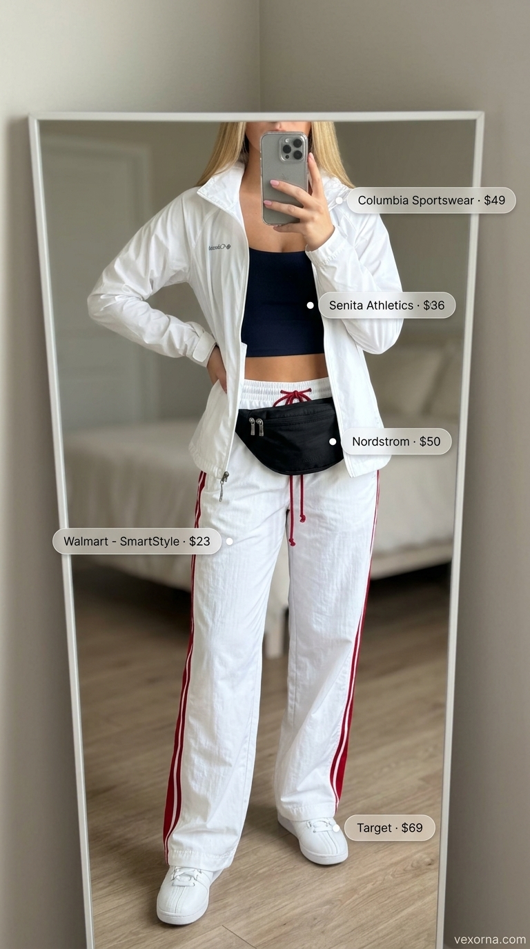 Athleisure Crop Top Outfits 2026 Sporty athleisure outfit with navy performance crop top and white track pants. Trendy summer crop top outfits 2026.