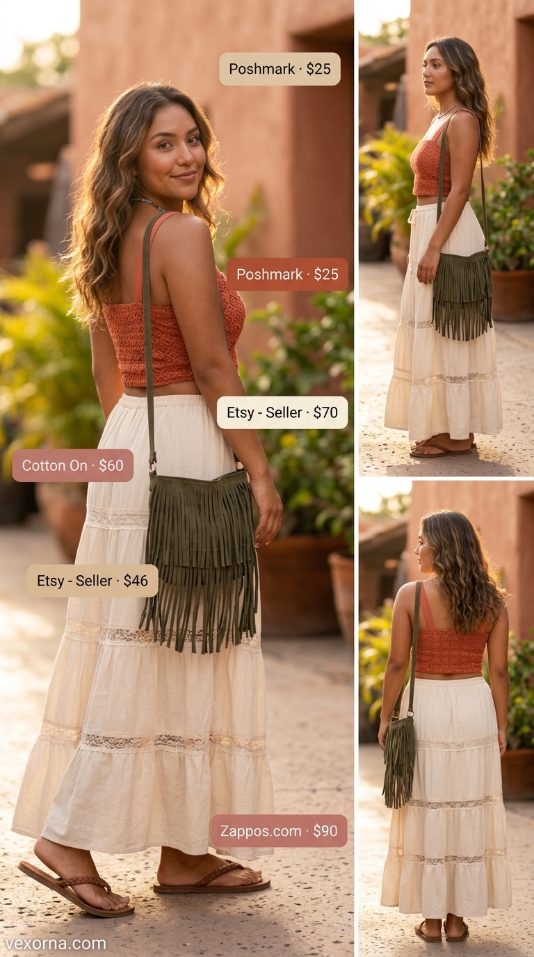 Boho Festival Crop Top Outfits 2026 Bohemian festival outfit with terracotta crochet crop top and cream maxi skirt. Trendy summer crop top outfits 2026.