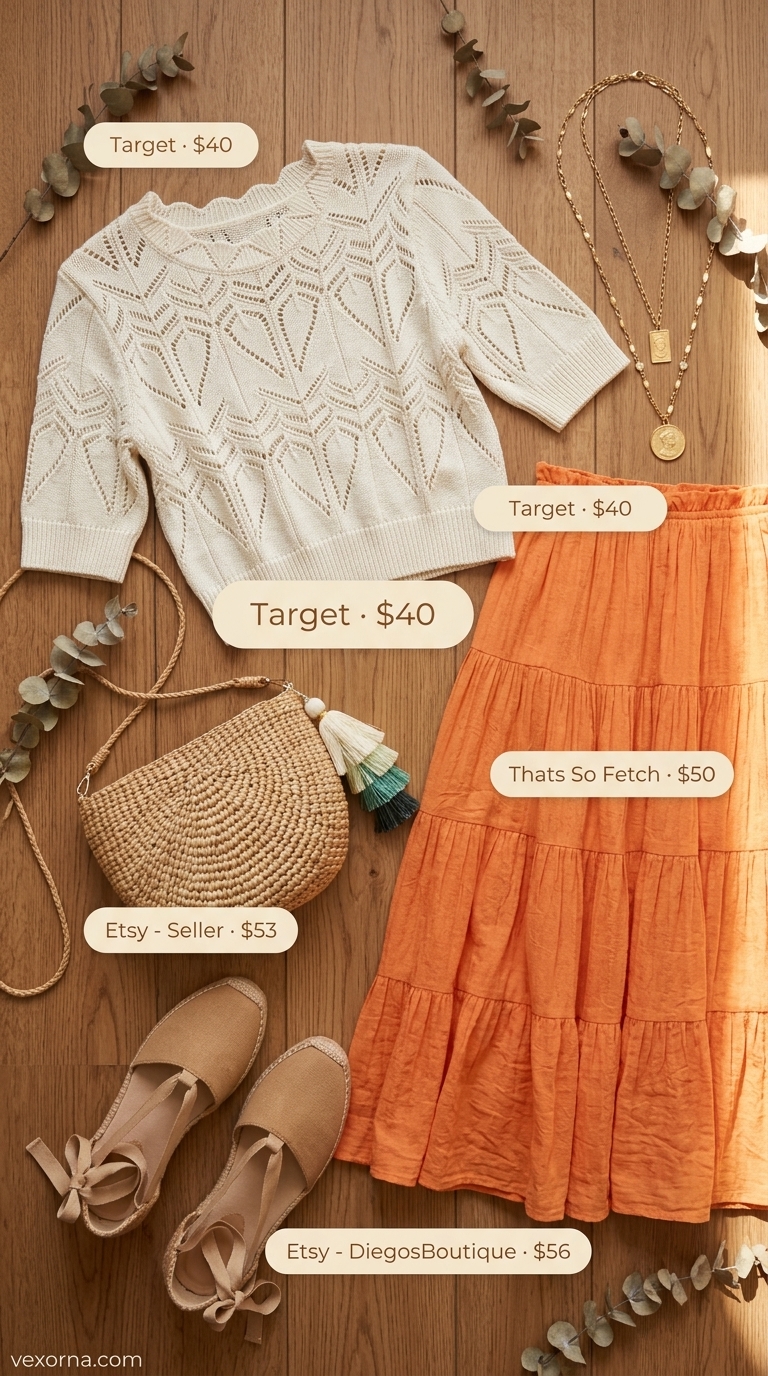 Bohemian Desert Sunset: Trendy Summer Crop Top Outfits 2026 Cream crochet crop top with a terracotta tiered maxi skirt for boho summer crop top outfits 2026.