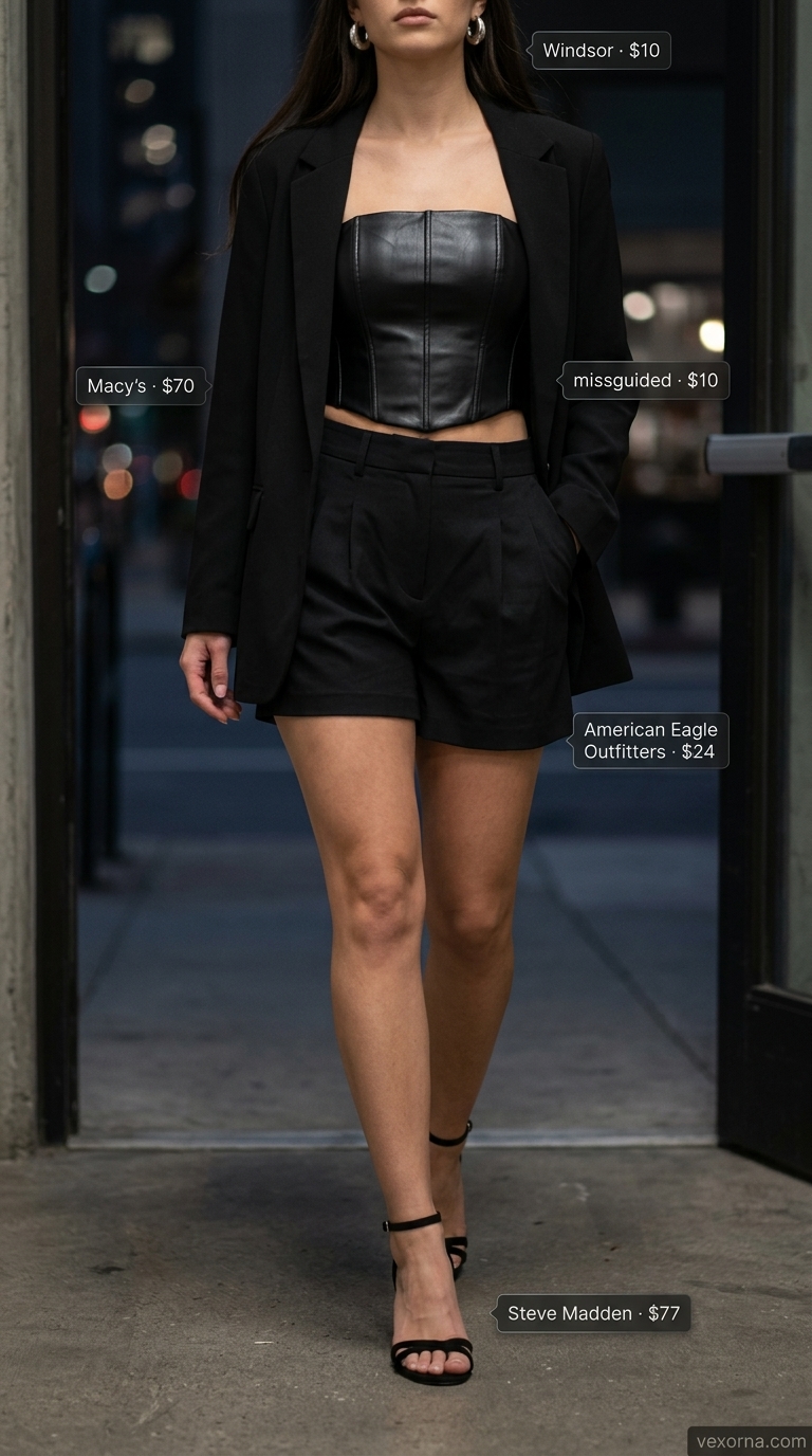City Nights Crop Top Outfits 2026 Sleek black bandeau crop top, tailored shorts, and oversized blazer for trendy summer crop top outfits 2026 city nights.