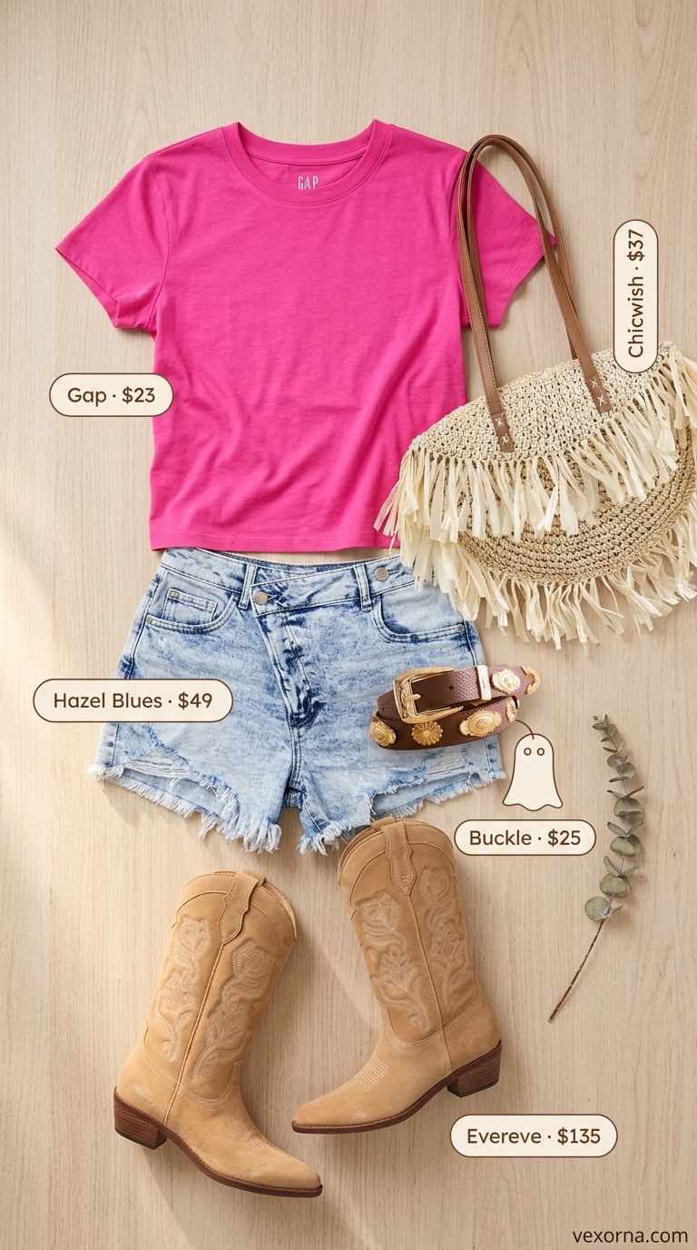 Coastal Cowgirl Daytime: Trendy Summer Crop Top Outfits 2026 Hot pink jersey crop tee with distressed denim shorts for casual summer outfits 2026.