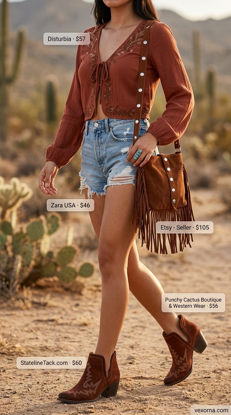 Boho Festival Crop Top Outfits 2026 Boho-chic desert festival outfit with rust crop top, denim shorts, and turquoise jewelry. Trendy summer crop top outfits 2026.